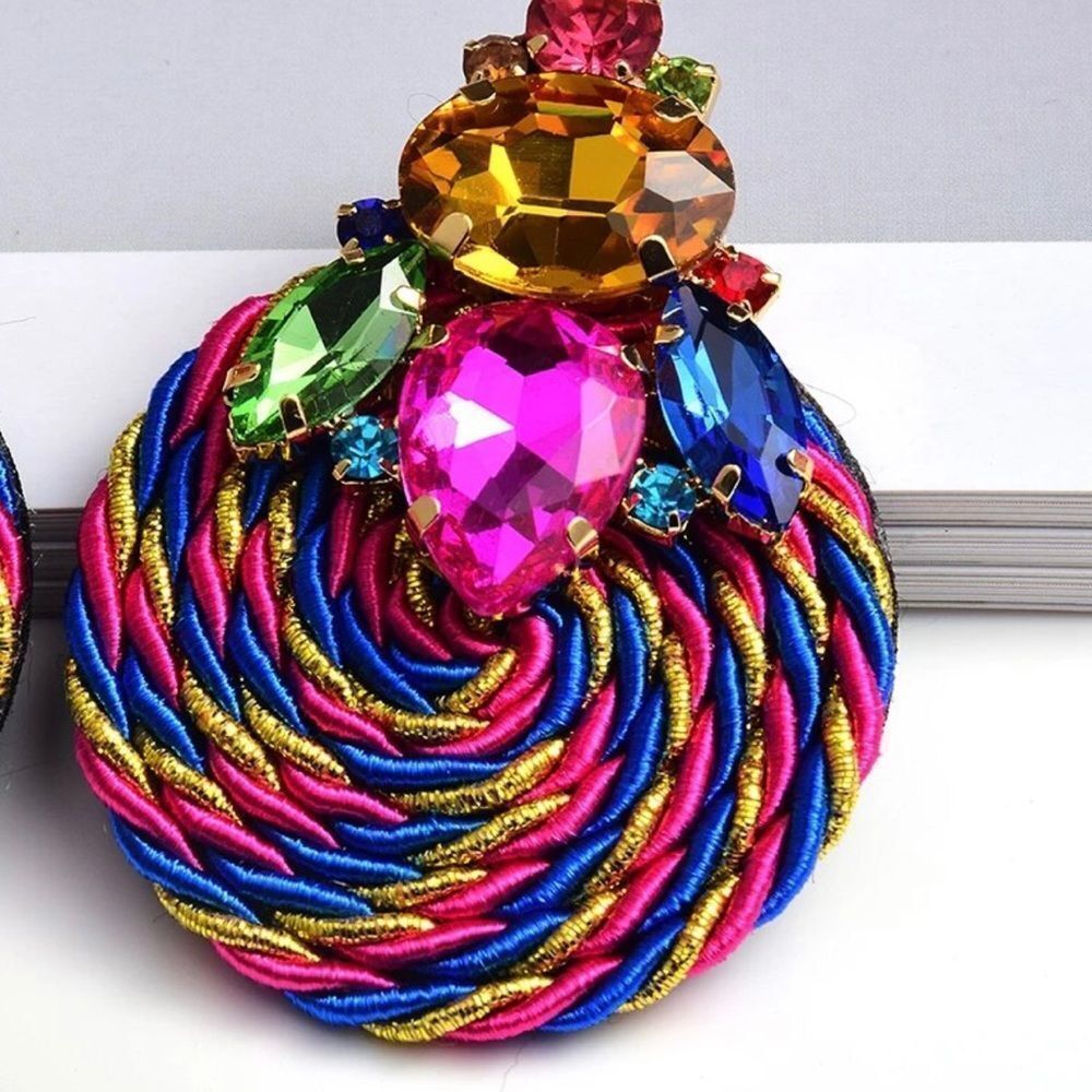 Colorful Crystal Handmade Round Rhinestone Earrings Exaggerated Statement - Picture 3 of 5